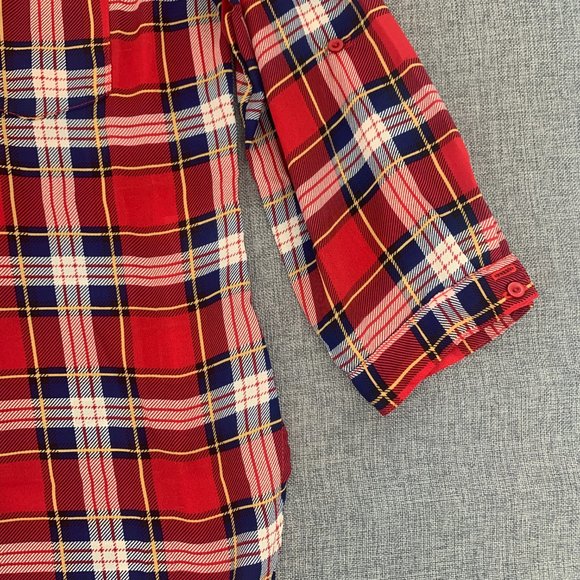 Cals Red Plaid Long Half Button Shirt Oversized Lightweight Top Small Semi-Sheer - Picture 2 of 12